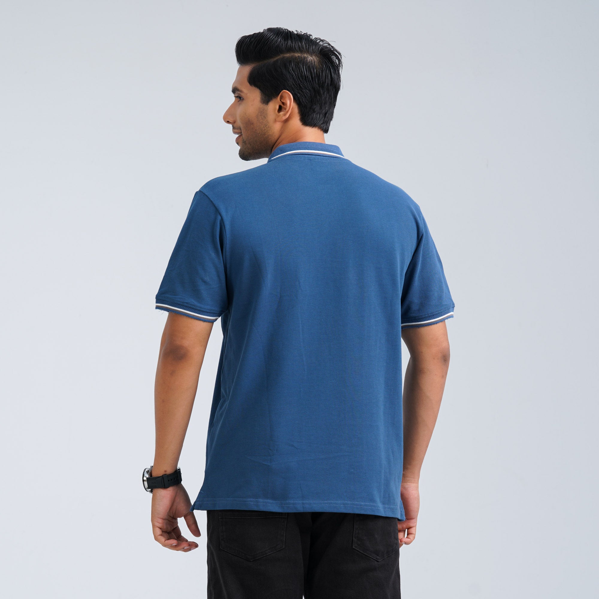 Men's Blue Cotton Polo - 3