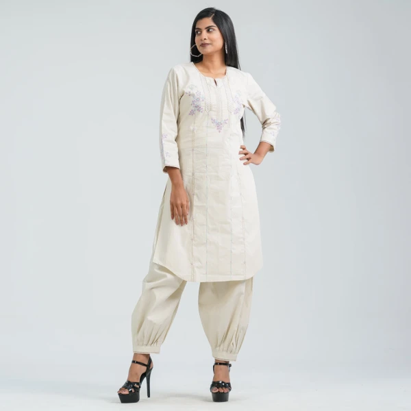 Women’s Cream Cotton Embroidered Two Piece Set