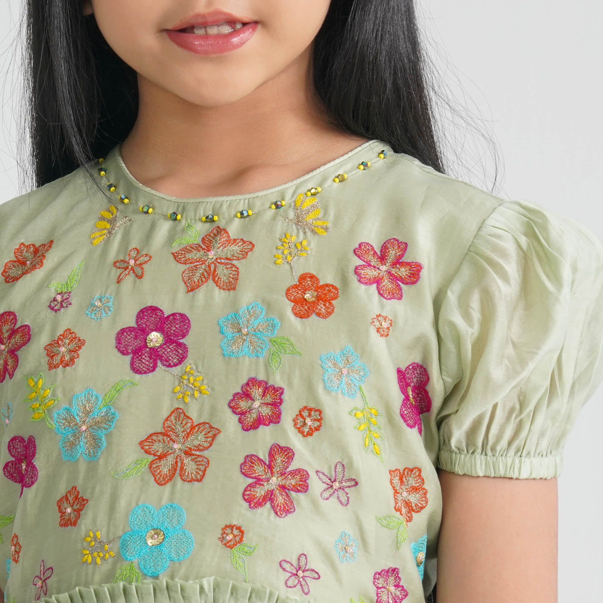 Girls Olive Shine Cotton Frock - 2