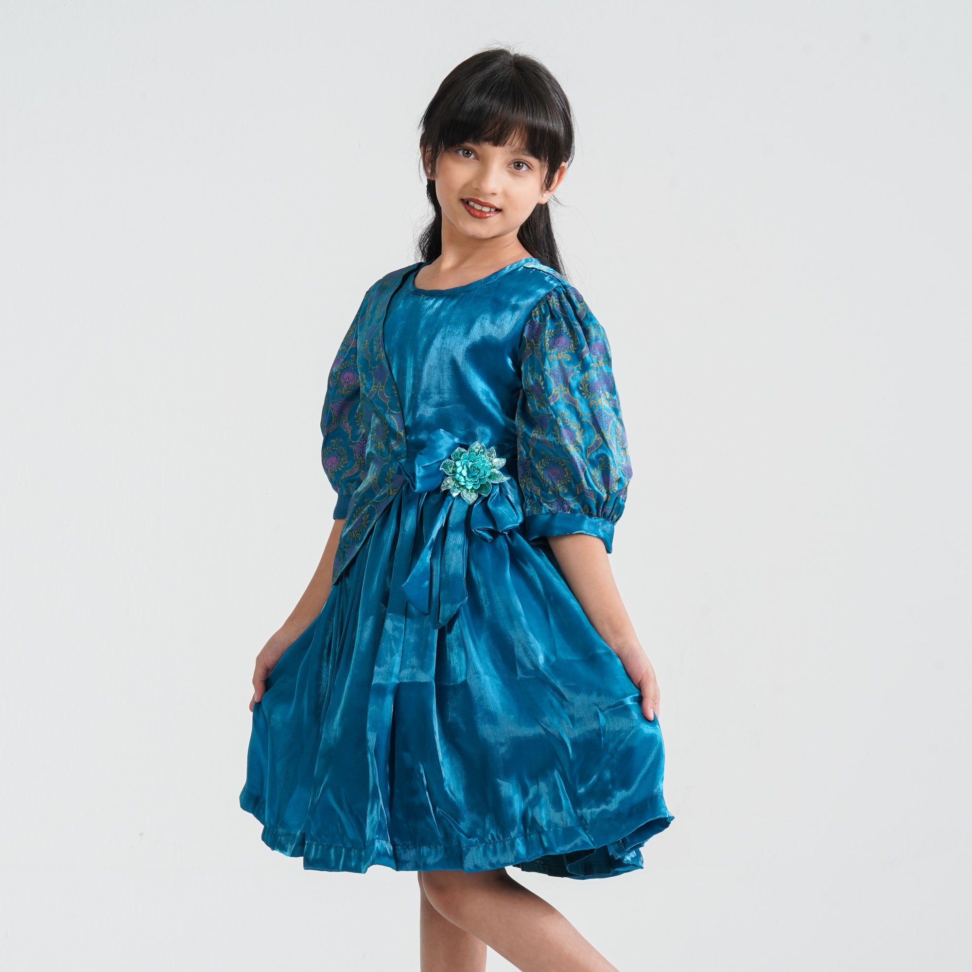 Girl's Teal Flared Midi Frock - 3