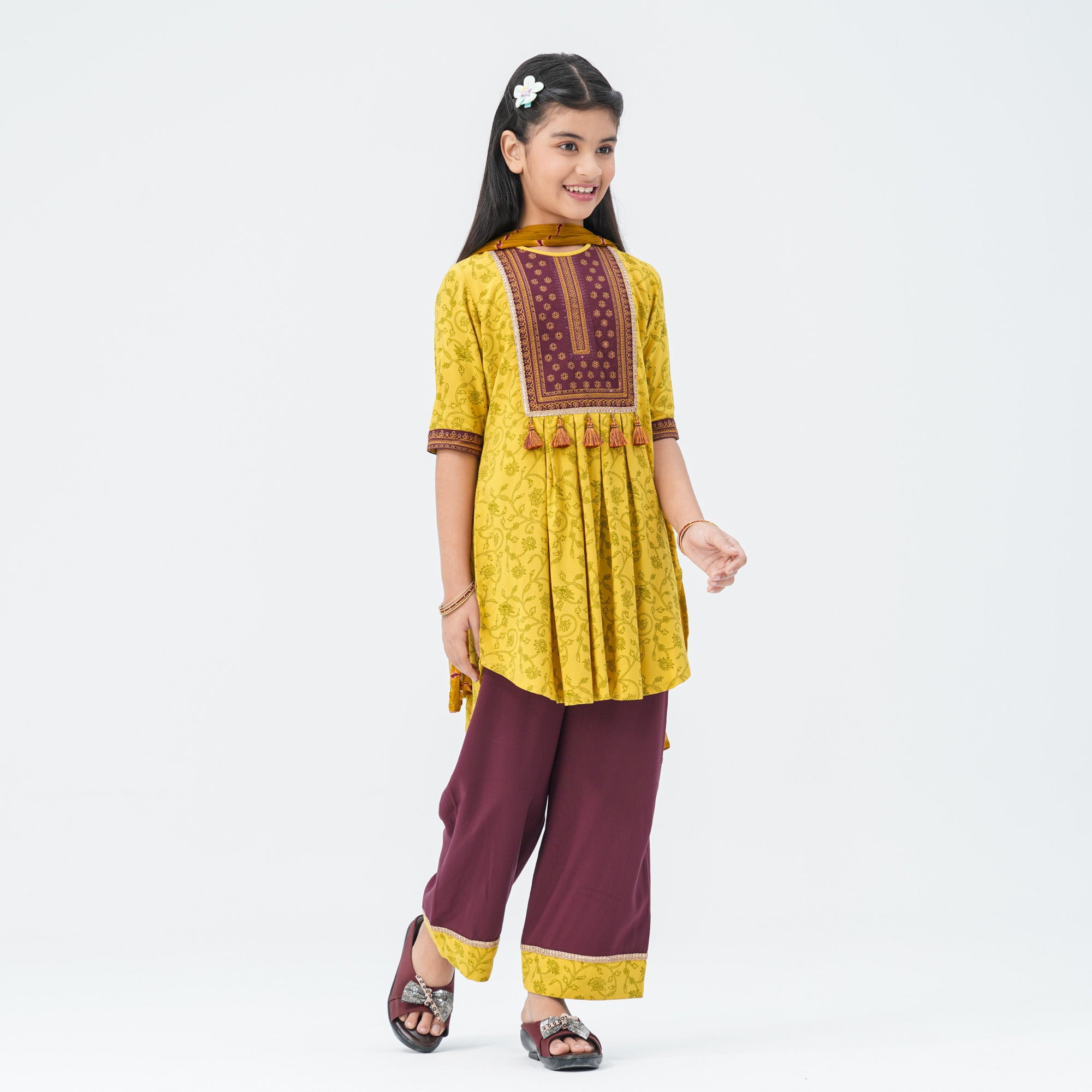 Girl's Mustard & Maroon Floral Three Piece Set - 3