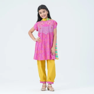Girls' Pink & Yellow Embroidered Two Piece Set