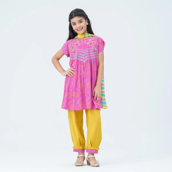 Girls' Pink & Yellow Embroidered Two Piece Set