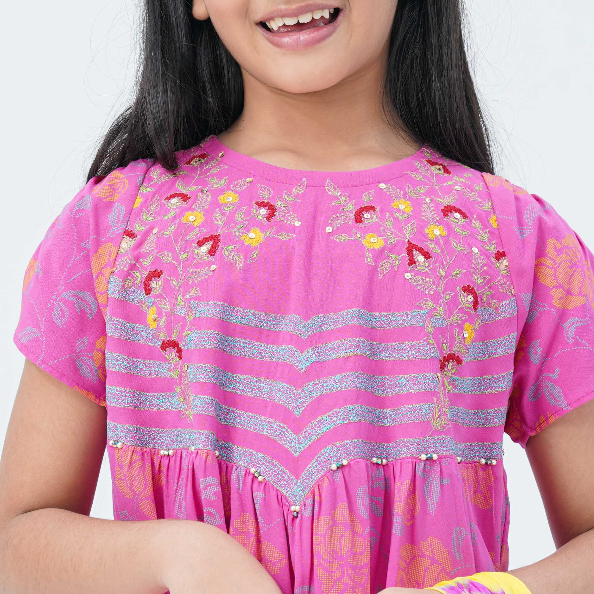 Girls' Pink & Yellow Embroidered Two Piece Set - 2