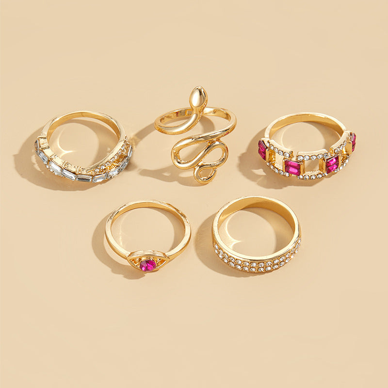 Elegant Retro Snake and Floral Rhinestone Stackable Ring Set - 2