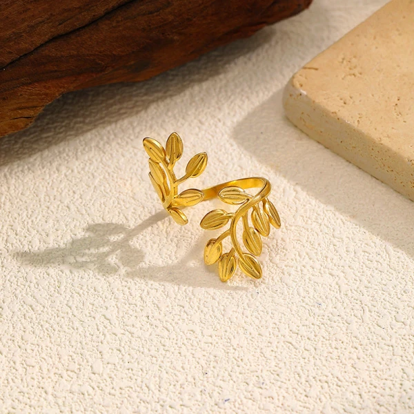 Elegant Stainless Steel Leaf Adjustable Ring Gold Plated Jewelry -
