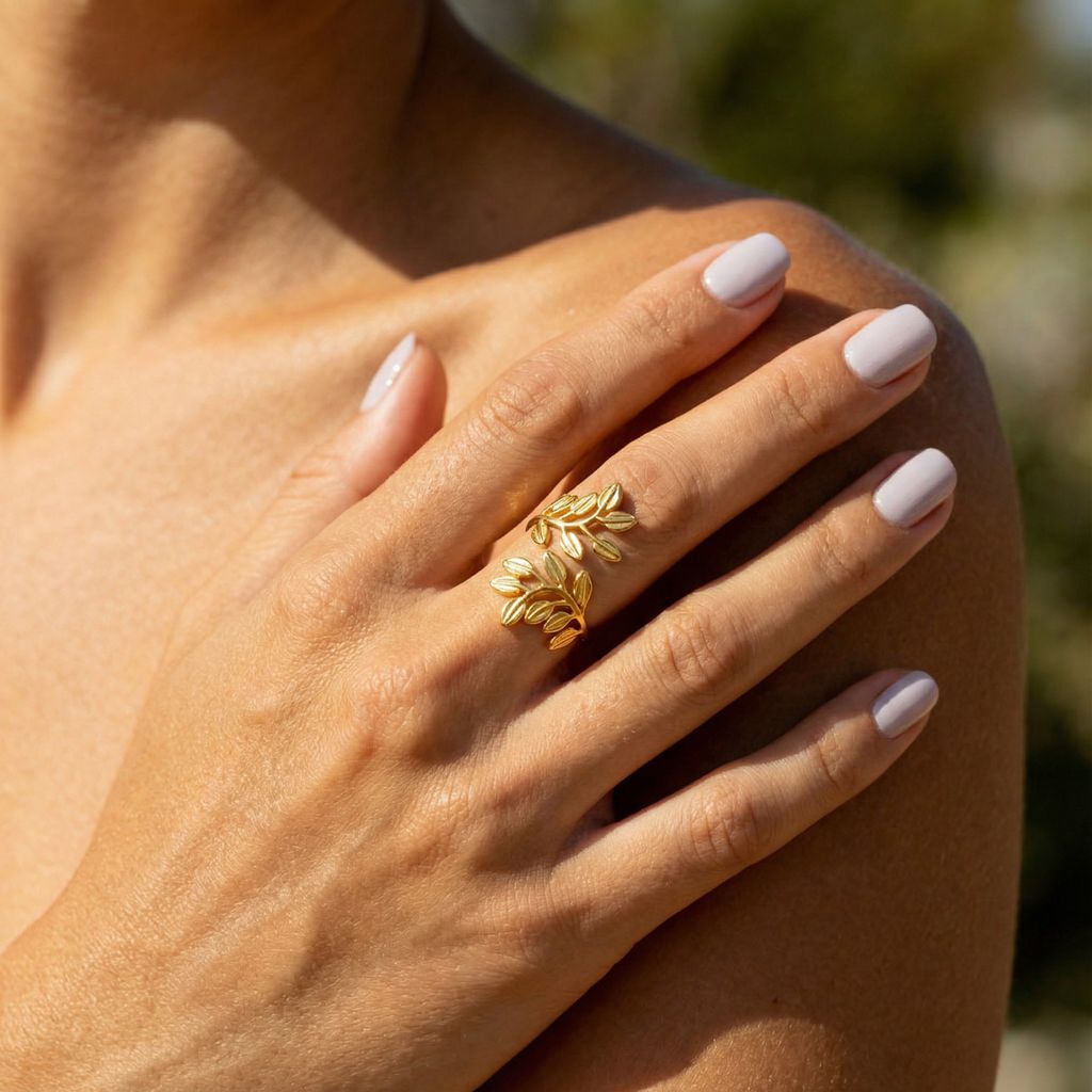 Elegant Stainless Steel Leaf Adjustable Ring Gold Plated Jewelry - - 2