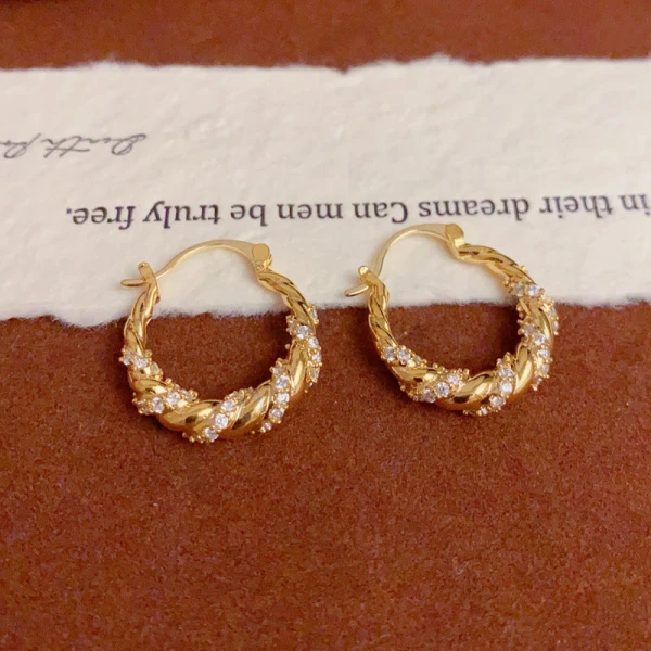 HS.DPR Elegant Gold Plated Zircon Twist Hoop Earrings Geometric Design